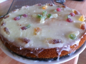 The finished Lemony Lemonade Cake as decorated by my two children.