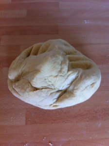 The dough is made into a big ball and kneaded for about 10 minutes.