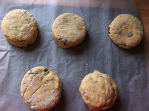 The scones are cut out with a plain cutter. This was meant to be a 6cm diameter one. I ended up with an 8cm one so I only got   6 scones out of an 8 scone recipe!
