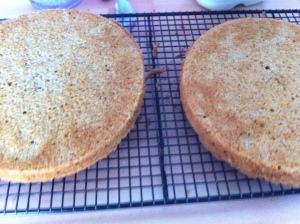 Two of the cakes turned out onto the cooling rack.